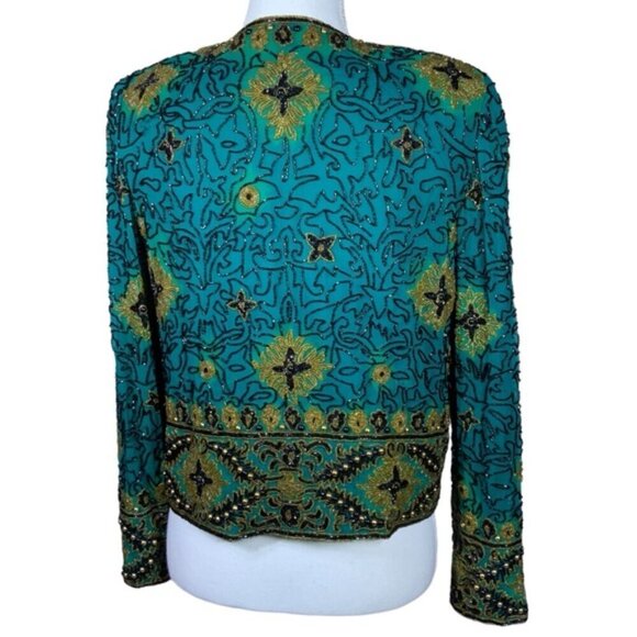 Vintage Silk Adrianna Papell Evening Dinner Jacket Beaded Turquoise Teal SM - Picture 2 of 16